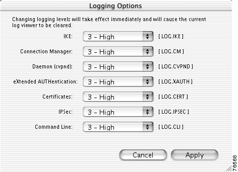 Chapter 7 Managing the VPN Client Event Logging Figure 7-8 Logging Options Table 7-2 describes the log classes that generate events in the VPN client log viewer.