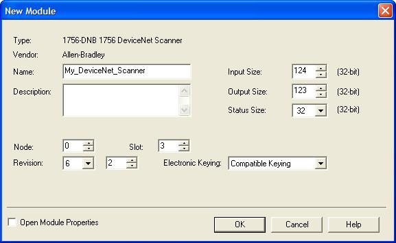 Chapter 4 Configuring the I/O In this example, we use a 1756-DNB DeviceNet Scanner, so the 1756- DNB option is selected. 6. Click OK. 7.