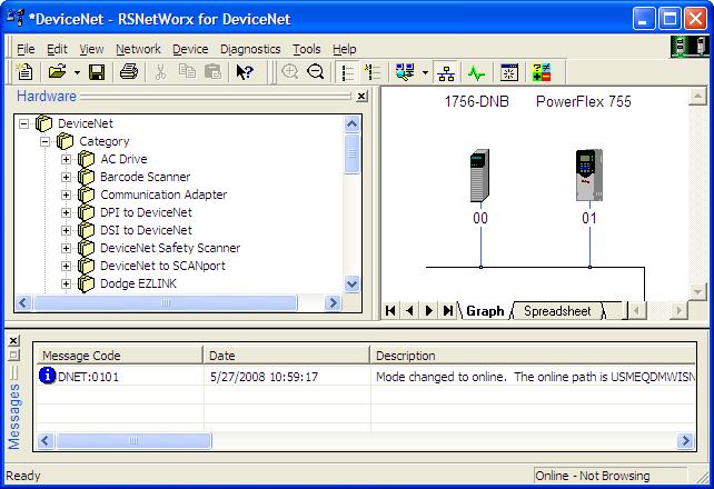 As the selected DeviceNet path is browsed, RSNetWorx for DeviceNet software creates a graph view window that shows a graphical representation of the devices on the network.