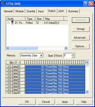 Chapter 4 Configuring the I/O 21. Click AutoMap to map the drive input image to the 1756-DNB scanner as shown in the example dialog box below.