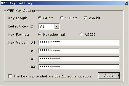 4.1.1.2 WEP Encryption You may select 64, 128 or 256 bit WEP (Wired Equivalent Privacy) key to encrypt data (Default setting is Disable).