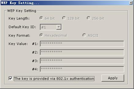 Figure 4-6 Disabled WEP key settings The key is provided via IEEE 802.1X authentication: Place a check in this box is IEEE 802.1X authentication is used.