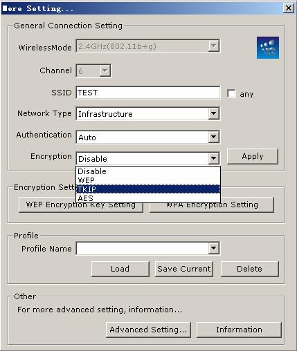 Figure 4-7 More settings TKIP Authentication: Select WPA from the drop-down list. Encryption: Select TKIP or AES from the drop-down list. Click on the WPA Encryption Setting button.