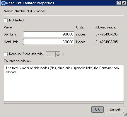 Managing Resources 3 Double-click the diskinodes parameter in the right part of the displayed window, and enter the soft limit and hard limit values for this parameter in the fields provided.