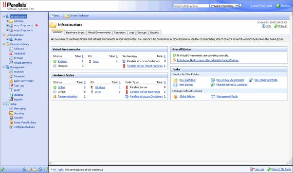 Parallels Virtuozzo Containers Philosophy Parallels Virtual Automation Overview Parallels Virtual Automation is designed for Hardware Node administrators and provides them with the ability to manage