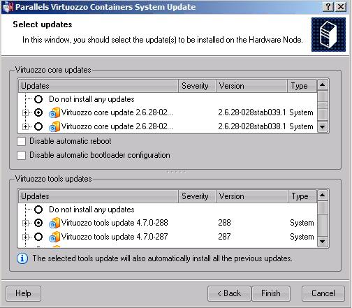 Managing Hardware Nodes Updating Parallels Virtuozzo Containers System Files In Parallels Management Console, you can use the Parallels Virtuozzo Containers System Update wizard to check, download,