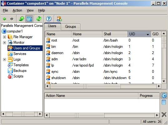 Mastering Parallels Management Console It contains information about the Container ID, type of the Container, OS template, status (e. g. 'mounted', 'running'), Container class, and hostname.