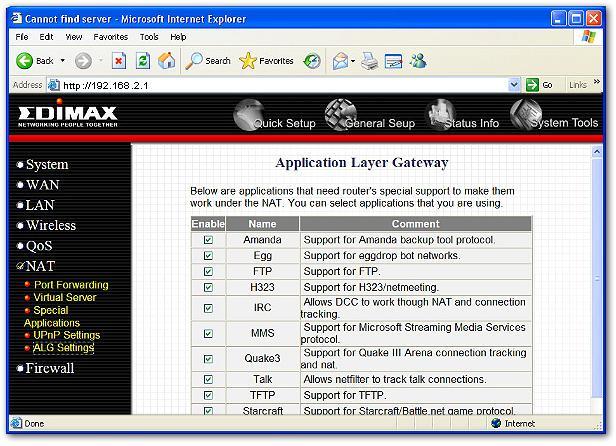2.6.5 ALG Settings You can select applications that need Application Layer Gateway to support.