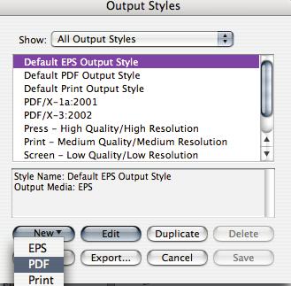 PDF Export Settings for Quark 7 The Output Styles menu is located under the Edit Menu. You will be creating a New preset.