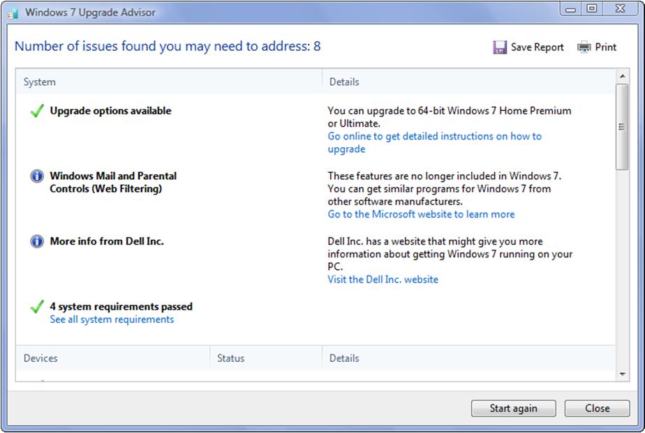 Upgrade Advisor will also list any device drivers or application