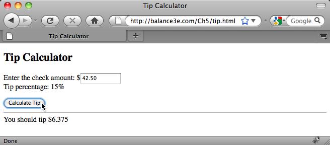Tip Calculator Page calling the parsefloat function on the text in