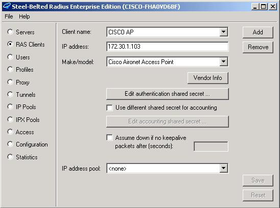 Note: The RADIUS server views the access point or bridge as a RADIUS client. c. Make/model: Select Cisco Aironet Access Point. 3. Click Edit authentication shared secret. 4. 5. a. Enter the exact string as the one on the access point or bridge for this server.