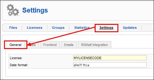 Step 4: RSFiles! settings Path: Joomla! backend panel >> Components >> RSFiles! >> Settings 4.1 Add the license code in the General tab In order to receive updates and download newer RSFiles!