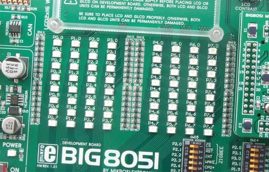 22 BIG8051 16.0. LEDs There are 64 LEDs on the BIG8051 development system used to visually indicate the state of each microcontroller I/O pin.