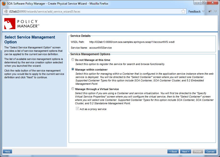 Chapter 6: Managing tc Server Web Services with the tc Server Agent To Register Managed Physical Services in Policy Manager Figure 6-2: Register Web Service Create Physical Service Wizard (Select