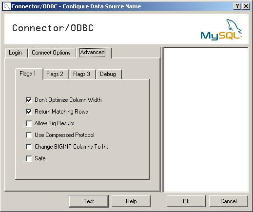 Managing AppXtender Data Sources 5. On the Connect Options tab, either leave the Port text box blank (so that 3306 will be used) or specify 3306. Figure 54 Connector/ODBC Window - Advanced Tab 6.