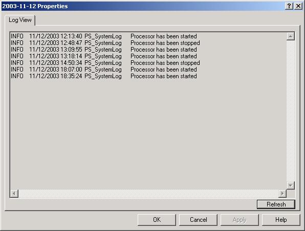 Managing the Print Stream Processor Figure 138 System Log Properties Dialog Box Note: If you want to view the most current information, click Refresh or press <F5>.