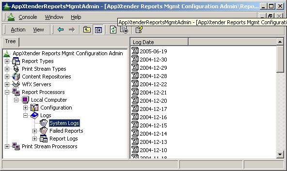 Managing the Report Processor Figure 159 AppXtender Reports Mgmt Report Processor System Logs 3. Right-click the log record and select Properties.