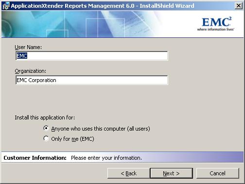 Installing ApplicationXtender Reports Management Figure 14 AppXtender Reports Mgmt Setup - Customer Information Page The User Name and Organization fields are self-populated, but you are able to make