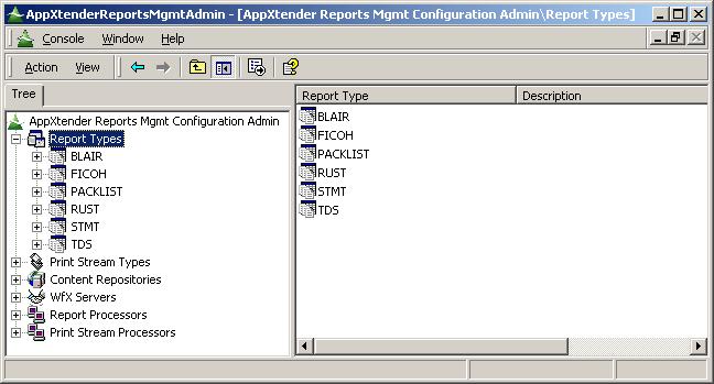 ApplicationXtender Reports Management Configuration Admin The information displayed in the right pane depends on the type of node selected in the left pane, as shown below.