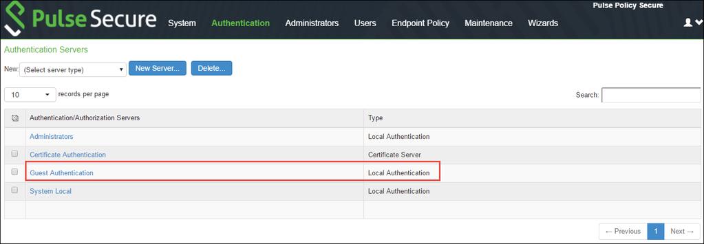 Authentication Server The Guest Authentication is the default Authentication Server configured in Pulse Policy Secure. To view the Authentication Server: 1. Select Authentication > Auth. Servers.