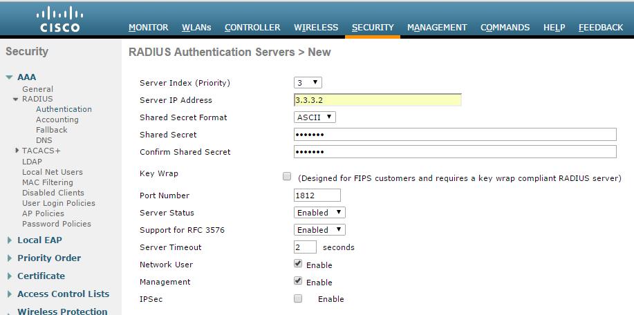 Configuration Required on Cisco WLC in Remote AP mode Configuring RADIUS server 1. Login to Cisco WLC. Go to Security > AAA > RADIUS.
