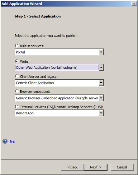 (2) Select the appropriate trunk to add the User Self Service Portal application to. In the Applications section, click Add... (3) The UAG Add Application Wizard will start.