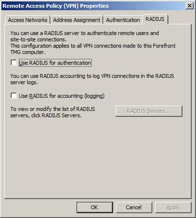 Configuring RADIUS TMG 2010 will process authentication requests with the Authlogics Authentication Server via RADIUS.