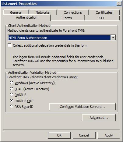 Configure a Web Listener for AuthCentral The TMG Web Listener must be configured to use Forms based authentication and validate credentials via RADIUS OTP.