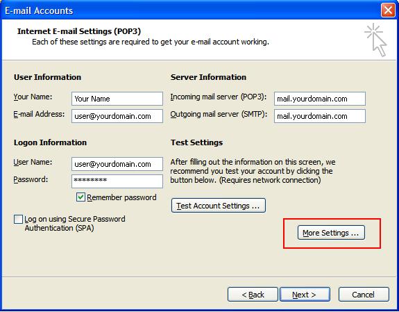 Step 5: 1. When the new More Settings... dialog window opens select the Outgoing Server Tab. 2.