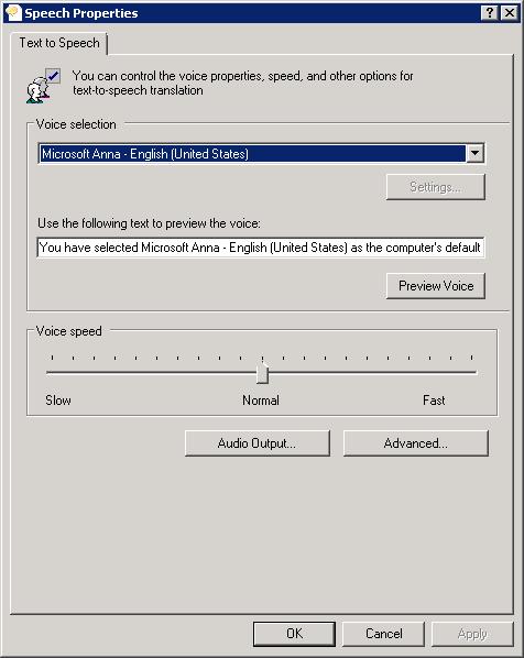 TextToSpeech The Text to Speech tab of the Speech Properties dialog box is displayed. Windows 7 Windows Server 2008 R2 4.
