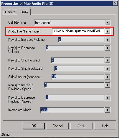 You specify the Interaction Media Streaming Server external audio source in the Audio File Name (.wav) box on the Inputs tab of the Properties of Play Audio File dialog box.