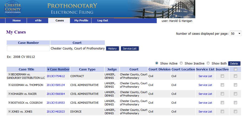 42 Filer Interface User s Guide Figure 53: List of My Cases From here you can: View a case history of non-sealed cases that are stored electronically in the court s case management system (CMS).