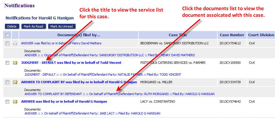 Filer Interface User s Guide - 51 7. A sub-listing of each entry will display the documents that were filed with the case.