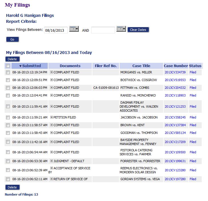 Filer Interface User s Guide - 71 Figure 106: My Filings Page Displays Filings with Links for Additional Information 2.