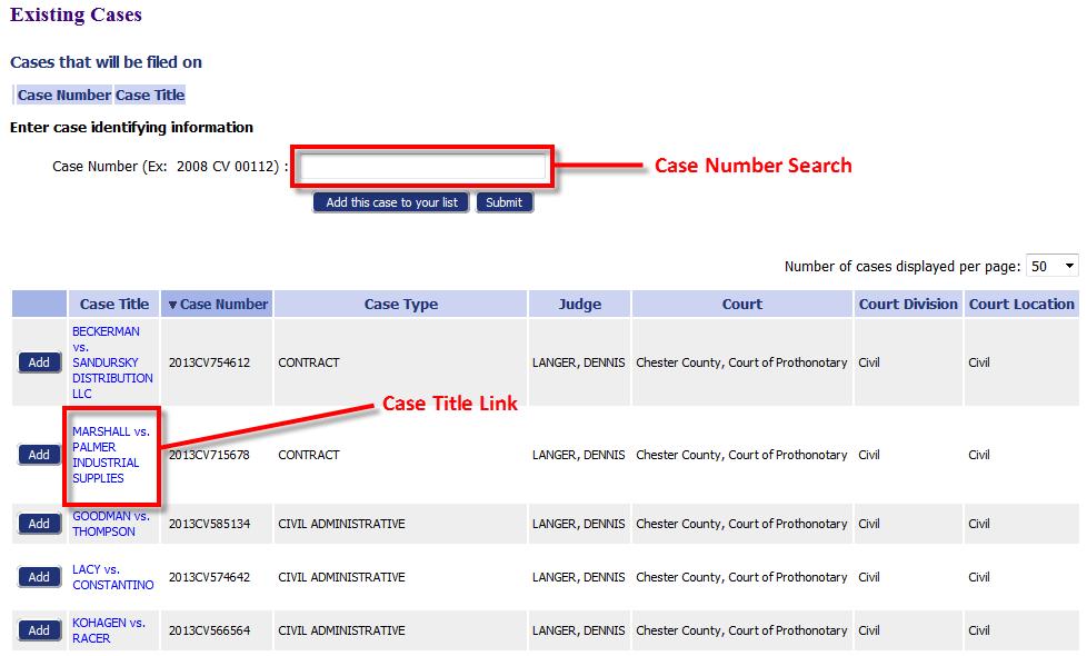76 Filer Interface User s Guide Figure 112: Existing Cases 1. You can search for a specific case using the Case Number entry field or select from a list of cases.