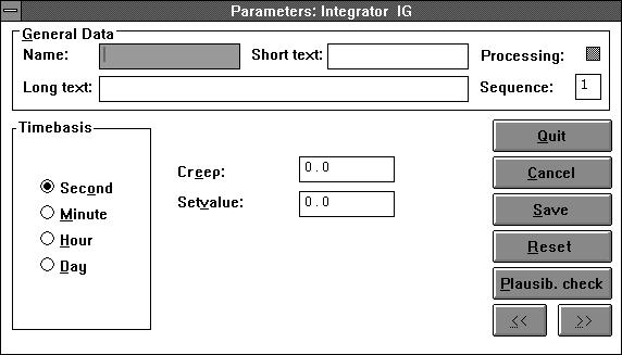 INTEG Integrator Icon and Functionblock Library Parameter definition as of 3.4.0 Function The module sums up the signal at IN and outputs it at OUT. The time base is set as a parameter in the module.