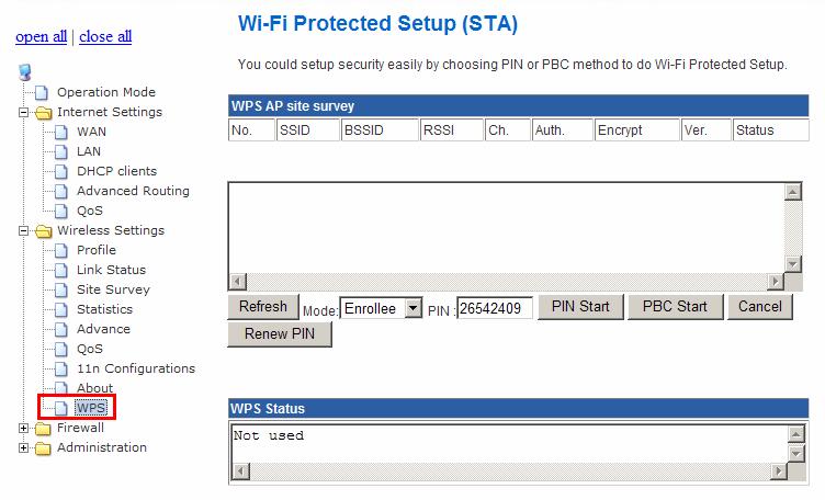 2.2.9. WPS You can setup security easily by choosing PIN or PBC method to do Wi-Fi Protected setup. WPS AP Site Survey: Display the information of surrounding APs with WPS IE from last scan result.