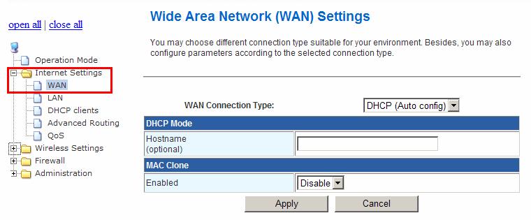 2.3. Internet Settings 2.3.1. WAN The WAN port is the connection of the 802.11n AP Router module to existing broadband device such as Cable modem or ADSL CPE.