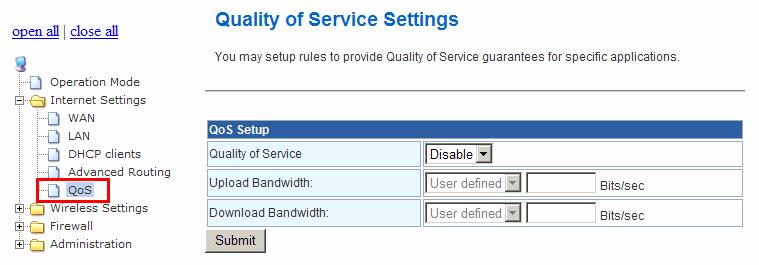 2.3.5. QoS QoS (Quality of Service) is a different priority bandwidth control; this function could help to separate the packet to different priority to WAN connection.