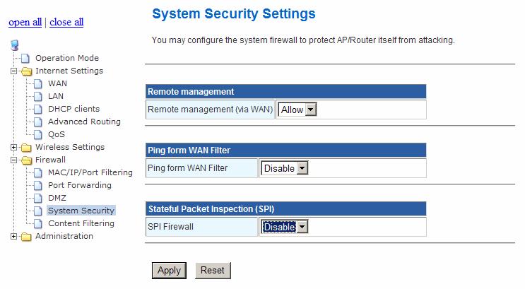 2.4.4. System Security Settings You may configure the system