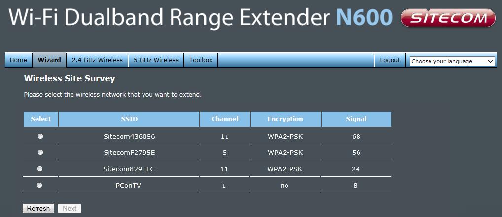 10 Configuration Wizard With the wizard you can configure the Range Extender to connect to your existing network. Click Wizard to start configuring the WLX-5100.