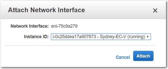 The Attach Network Interface page appears. 3. Under Instance ID, select the EC-V and click Attach. 4.