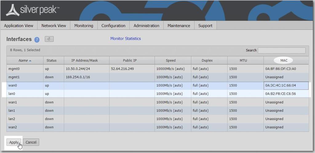 In a web browser, open the EC-V Appliance Manager and click Configuration > Interface. The Interfaces page appears. 2.
