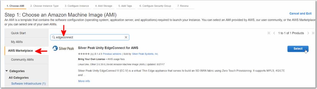 Click the AWS Marketplace link, and enter edgeconnect.