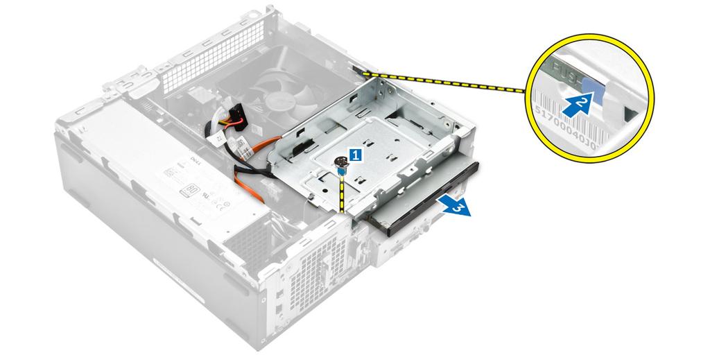 Figure 7. 5. Follow the steps to remove the bracket from the optical drive. a.