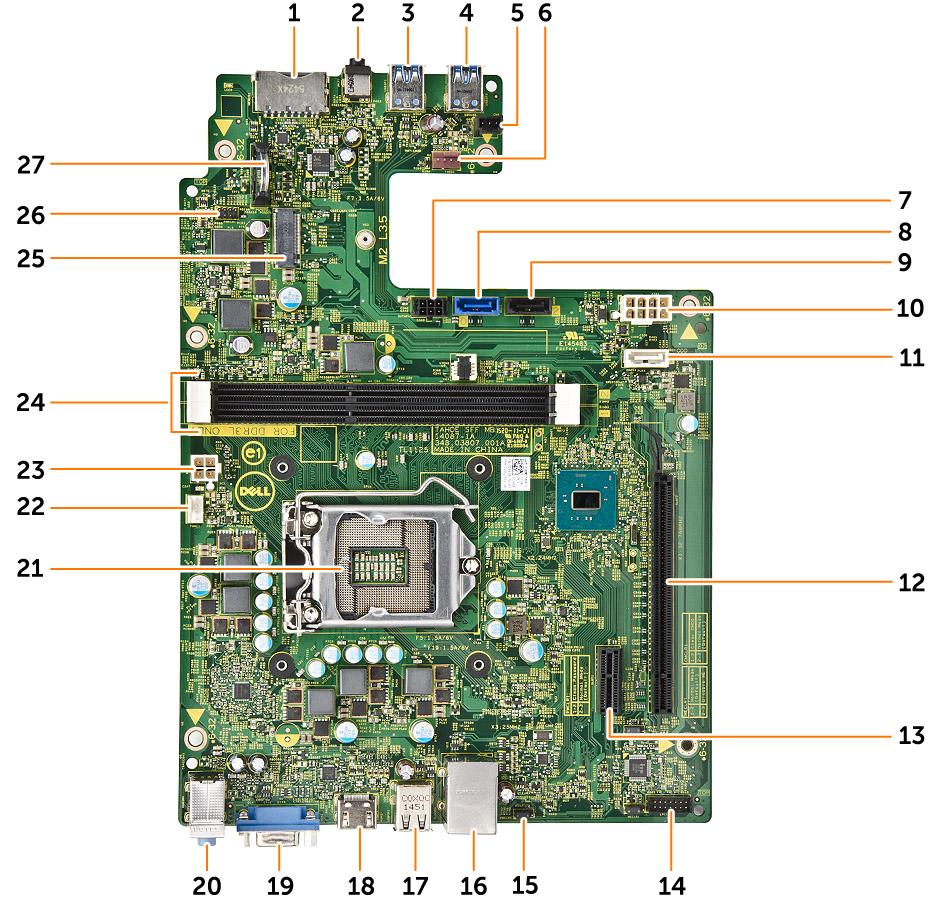 System Board Layout Figure 16. 1. SD card connector 2. Headset jack 3. USB 3.0 connector 4. USB 3.0 connector 5. Light Bar connector 6. System FAN connector 7.
