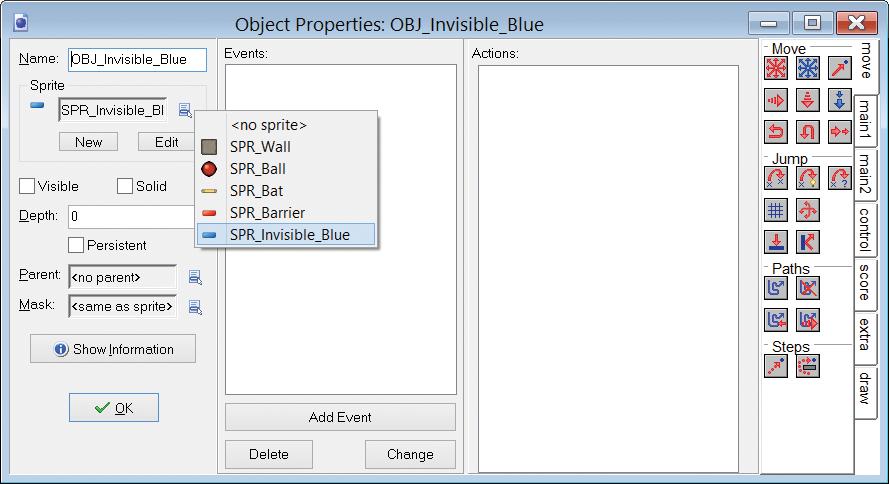 It should be located under Sprites>Bouncing Balls>Stones. Name the sprite SPR_Invisble_Blue and then click ok. 30. Now create a new object and name it OBJ_Invisible_Blue.