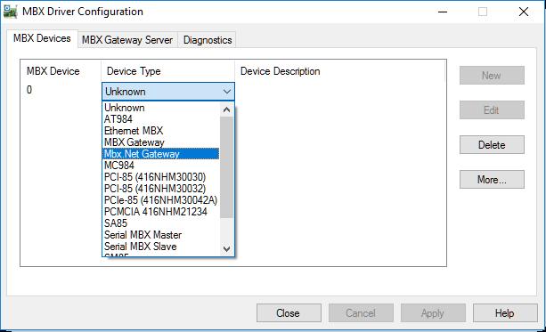 Running the editor for the first time displays the above screen. 2. Click the New button and select Mbx.Net Gateway from the drop-down list. This creates an Mbx.