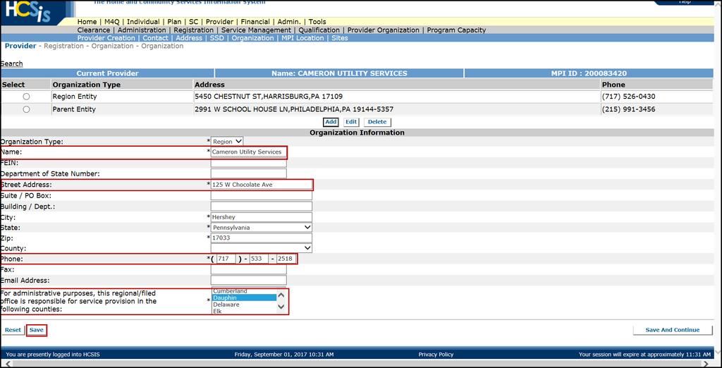 Select the Organization Type from the dropdown box, this is a mandatory field. A Parent Entity is a related organization that is able to influence the providers' policies and procedures.